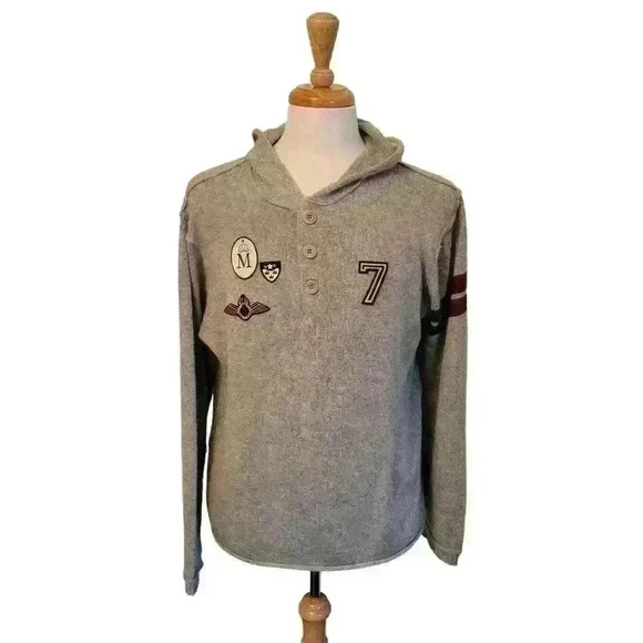 Vintage Guess Hoodie Sweater Gray Patchwork Crest Logo Pullover Henley Hooded L - Picture 1 of 10
